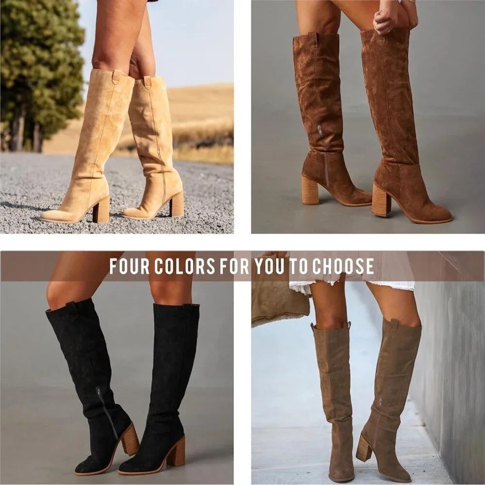 Women's 1 Brown Suede Knee-high Boots Fall Boot Chunky Block High Heel